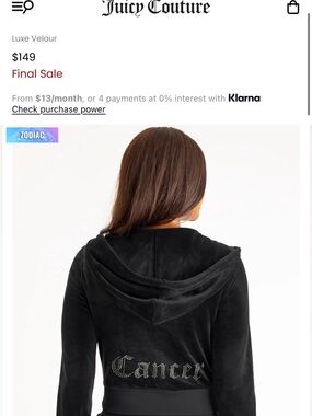 Juicy Couture Black Velour Zip Hoodie with Rhinestone 'Cancer' Script NWOT